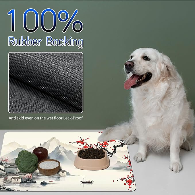 Dog Food Mat, 15.7" x 23.6" Absorbent Pet Feeding Mat for Food and Water, Waterproof Diatom Mud Pet Placemat with Non-Slip Rubber Backing, Cat Bowl Mat for Floors - Watercolor Peach Blossoms