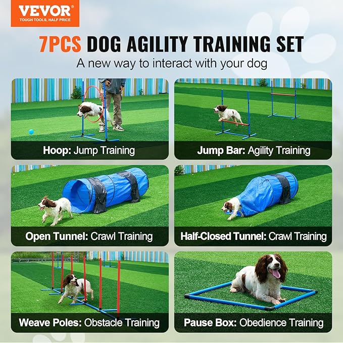 VEVOR Dog Agility Training Equipment, 13pcs Dog Agility Course Backyard Set, 2 Tunnels with Sandbags,Adjustable Hurdles,Weave Poles,Jump Ring,Pause Box, Puppy Obstacle Course Kit with Storage Bag