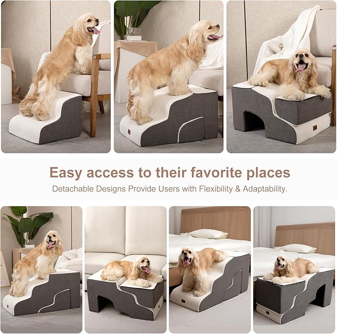 Garnpet Dog Stairs for High Beds with Tunnel, 5-Step Dog Steps for Small Dogs and Cats, Foldable Pet Stairs for High Bed Climbing, Non-Slip Balanced Pet Step Indoor, Beige