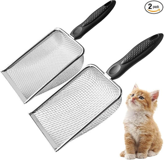 2Pcs Metal Litter Scooper Stainless Steel Metal Cat Litter Poop Scoop with 2.0mm & 3.8mm Mesh,Litter Cleaner Sifter for Cat,Dog,Kitty,Rabbit,Hamster, Reptile