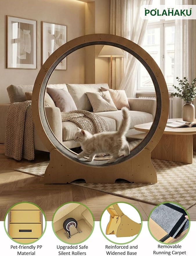 Cat Exercise Wheel, 48 Inch Diameter Cat Treadmill for Indoor Cats, Cats Running Wheel with Updated Enhanced Base and Carpeted Runway for Cat's Longer Life and Fitness, Natural