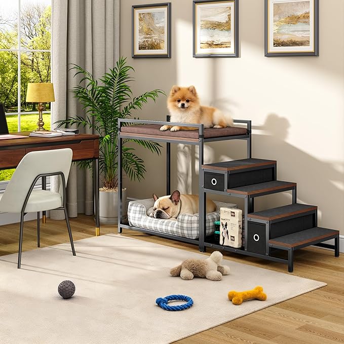 kepptory Pet Bunk Bed with Stairs and Storage, Pet Window Perch with Seat Cushion, Bedside Dogs Cot for Small, Medium Cats & Dogs, Pet Stairs Ramp(Brown)
