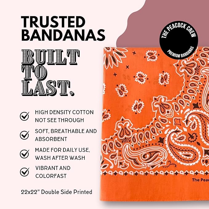 The Peacock Crew Premium Soft Cotton Bandanas Pack for Men and Women Paisley 22 x 22 inches