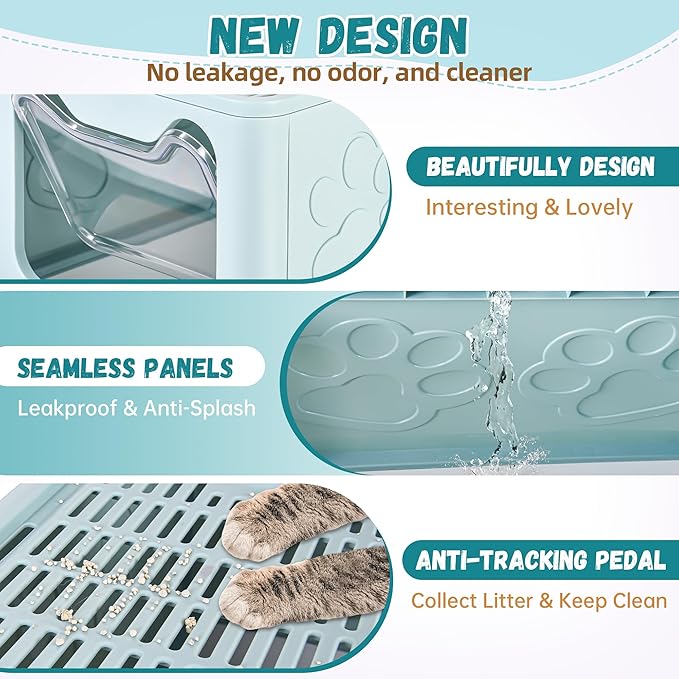 Covered Cat Litter Box with Litter Mat, Foldable Extra Large Dual Entry Adjustable Door, Drawer Design Enclosed Kitty Litter Box, Odor Control Anti-Splashing Easy Cleaning (Light Blue)