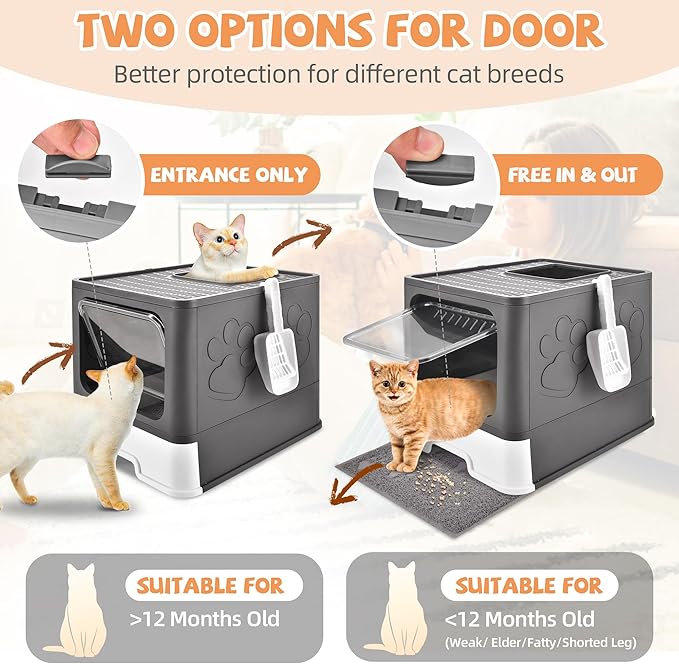 Covered Cat Litter Box with Litter Mat, Foldable Extra Large Dual Entry Adjustable Door, Drawer Design Enclosed Kitty Litter Box, Odor Control Anti-Splashing Easy Cleaning (Dark Grey)