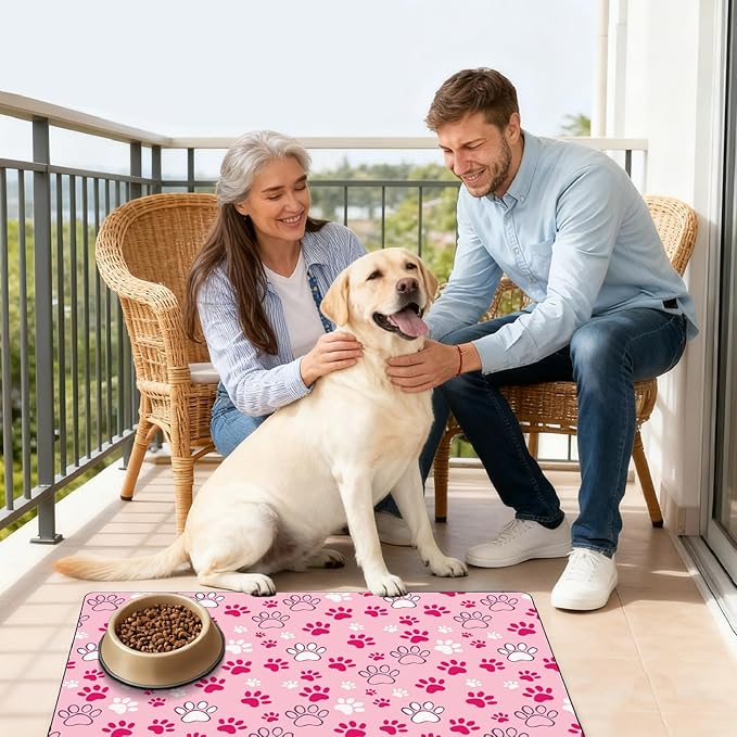 Dog Feeding Placemat Pink Cat Food Mat Small Cute Paw Print Pattern Rectangle Diatomaceous Earth Absorbent Quick Dry Pet Feeding Rugs Protect Floors for Food and Water Supplies 20 x 12 Inch