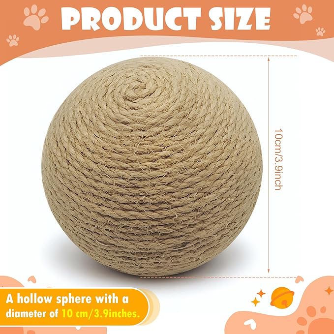 3.94 inch Sisal Cat Ball Toy, Interactive Natural Cat Scratching Ball, Perfect Scratcher for Cats' Exercise and Fun (Sisal)
