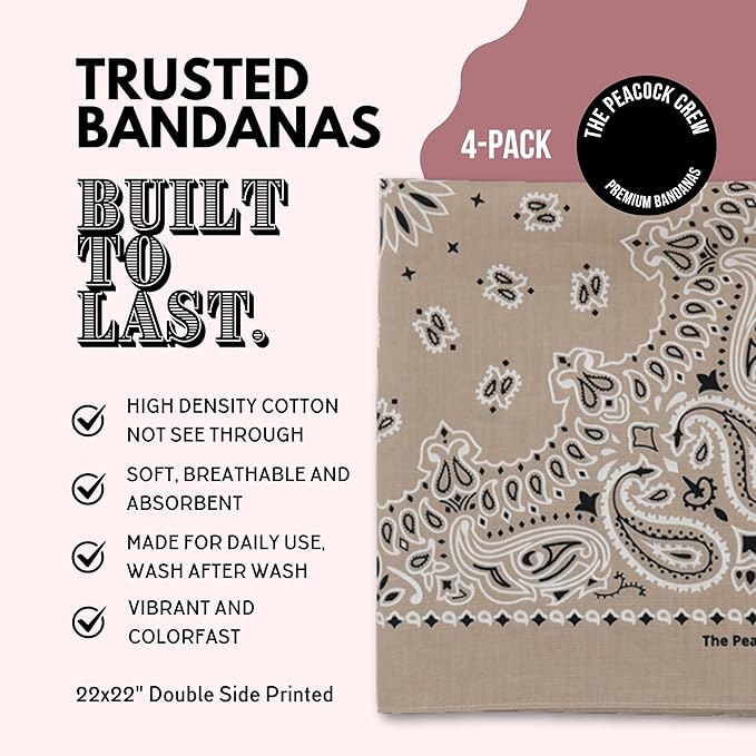 The Peacock Crew Premium Soft Cotton Bandanas Pack for Men and Women Paisley 22 x 22 inches