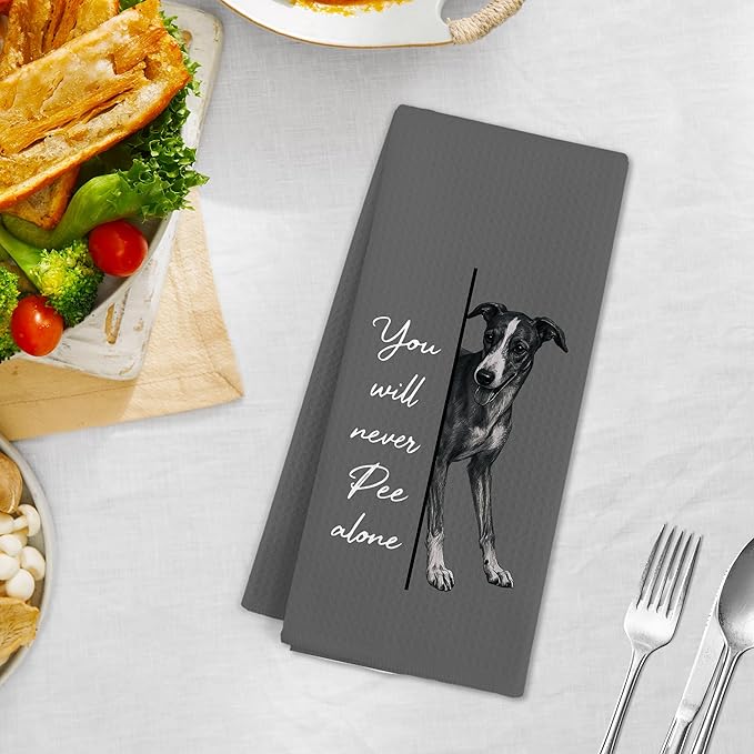 Funny Greyhound Dog Hand Towels for Bathroom, Italian Greyhound Hand Towels, You Will Never Pee Alone Dogs Dish Tea Towel for Kitchen Bathroom Decor,Dog Lover Gifts for Women Men, 16x24 Inch