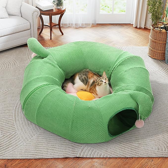 PAWZ Road Cactus Cat Donut Tunnel Collapsible Cat Tunnel Tube, Dia-38 inches with Flower Soft Mat for Indoor Cats and Rabbits