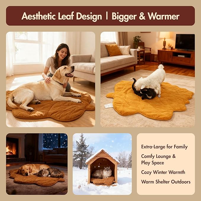 Vagascape Dog Bed, Waterproof Pet Bed with Washable Removable Cover, Comfort Cat Dog Pad for All Seasons, Heating Yellow Maple-Leaf Shape Cat Mat with Nonskid Bottom(35"x27")