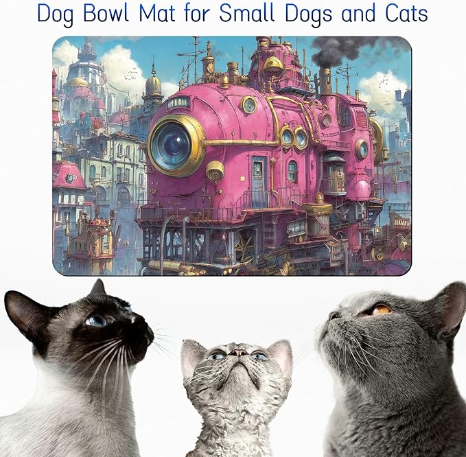 Dog Food Mat, 15.7" x 23.6" Absorbent Pet Feeding Mat for Food and Water, Waterproof Diatom Mud Pet Placemat with Non-Slip Rubber Backing, Cat Bowl Mat for Floors - Pink Train Chimney