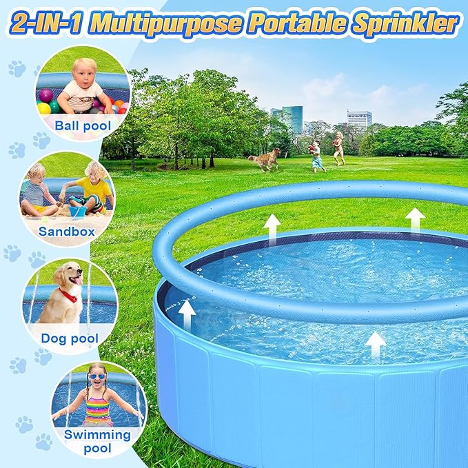 97In Extra Large Anti-Slip Dog Pool with Sprinkler, Sturdy 2-in-1 Foldable Hard Plastic Kiddie/Kids Swimming Pool, Summer Swimming Bath Tub for Kids/Large Dogs/Pets