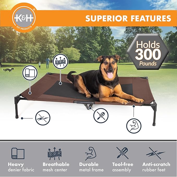 K&H Outdoor Elevated Dog Bed - Cooling Raised Dog Bed for Extra-Large & Giant Pets, Breathable Mesh Center Hammock Design, Indoor/Outdoor Washable Cover, Portable Metal Frame, Chocolate, Jumbo 56x38