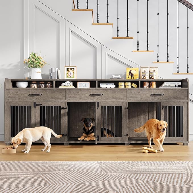 AMERLIFE 95" Large Dog Crate Furniture, Multi-Functional TV Stand with Storage Drawers & Removable Divider for Medium/Large Dogs, Grey