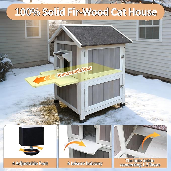 Rockever 100% Waterproof & Insulated Heated Cat House for Outdoor Cats, 2 Story Heated Cat House for Outside with Heating Pad, Elevated Outdoor Cat House, Feral Cat Shelter with Escape Door
