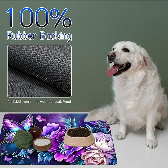 Dog Food Mat, 19.6" x 23.6" Absorbent Pet Feeding Mat for Food and Water, Waterproof Diatom Mud Pet Placemat with Non-Slip Rubber Backing, Cat Bowl Mat for Floors - Purple Butterfly Peony