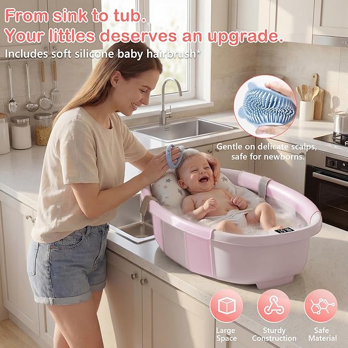 Collapsible Baby Bathtub - Large Baby Bath Tub with Thermometer | Bath Essential Bañera para Bebe Easy Fold Baby Tub | Travel Infant Newborn Toddler Bathtub for Baby Girl Boy 0 to 36 Months (Pink)
