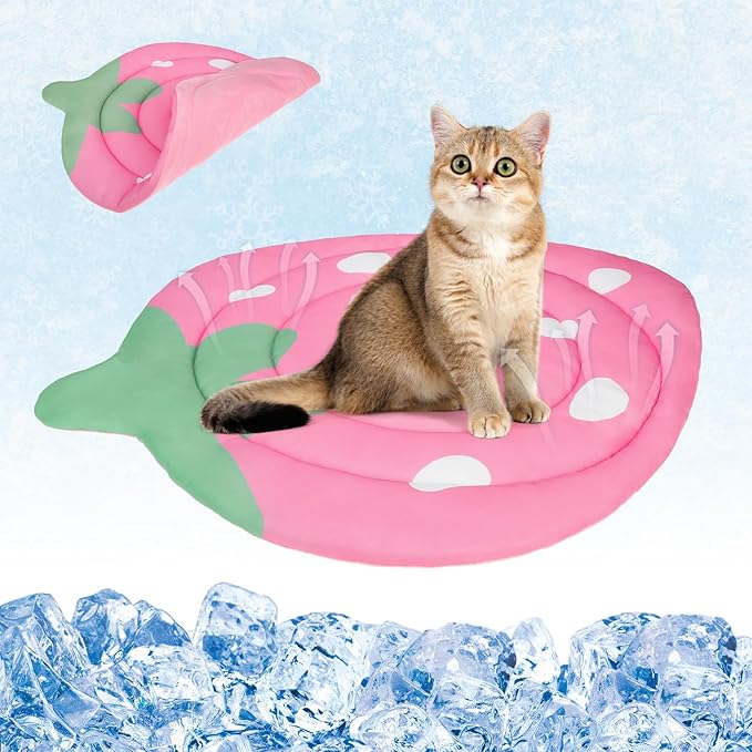 Upgrade Cat Self Cooling Mat for Summer, Reversible Thicken Pet Sleeping Blanket Pad Kennel Reusable Washable Waterproof Breathable Seat, Easy Carry Mats for Crate Car Playpen Puppy Strawberry Pink