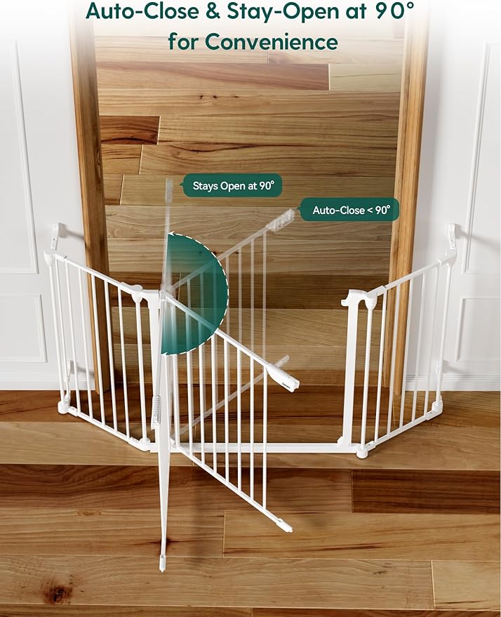 Babelio 72" Extra Wide Baby Gate, 30” Tall Auto Close Dog Fence for Stairs Kitchen Doorways Fireplace, Hardware Mounted Pet Gate Indoor, Foldable 3 Metal Panels, AdaptiZone Series, White