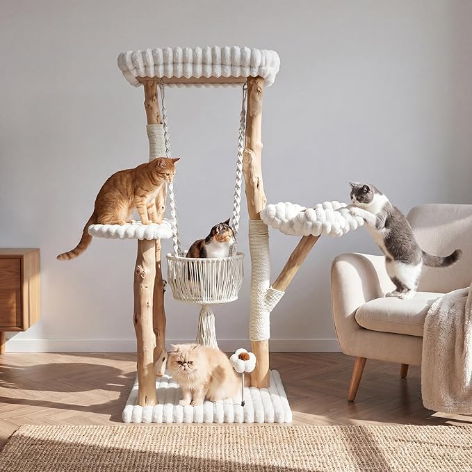 Solid Wood Cat Tree with Scratching Posts, 52 Inch Tall Cat Tower with Swinging Basket Hammock, Washable Cushion, Dangling Toy, Wood Climbing Cat Tree for Indoor Multi-Cats, Easy Assembly