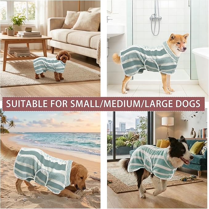 Fast Drying Dog Bath Robe, Super Absorbent Stripes Dogs Towel, Adjustable Warm Keeping Pet Puppy Bath Supplies (Green, XS)