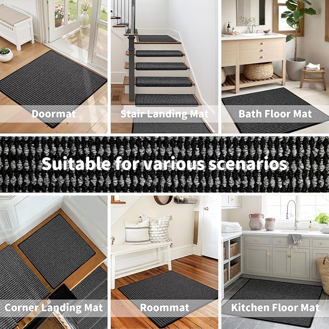 Brakki Bullnose Carpet Stair Treads, Non Slip Landing Mat for Wooden Steps Indoor, Soft Stair Rugs for Pets, Indoor Doormat for Kitchen Bathroom, Washable, 30"x30" 1pc, Black and Grey