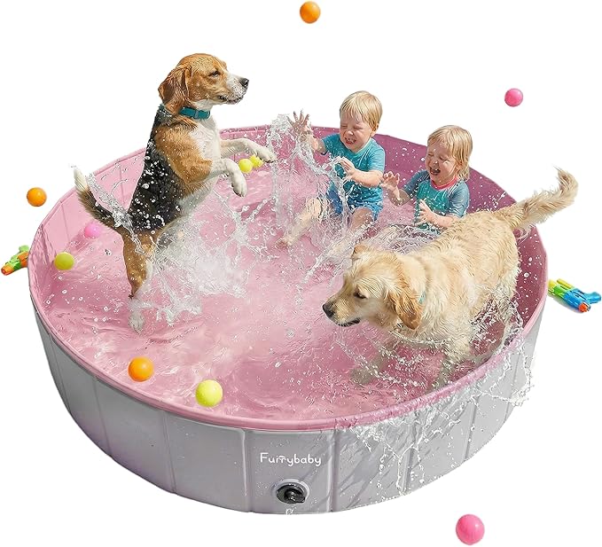 Furrybaby Dog Pool, Foldable Dog Pools for Large Dogs Portable Kiddie Pool Pet Doggie Wading Swimming (Pink 63'') Indoor and Outdoor