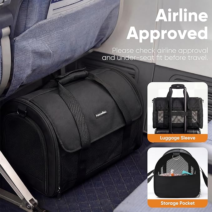 FUKUMARU Cat Carrier, Light & Airy Pet Carrier, 18x11x11 Airline Approved Dog Carrier for Small Dogs, Collapsible Soft Cat Travel Carrier with Anti-Scratch Mesh, Black