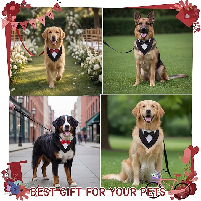 Gilprop 4 Pcs Formal Dog Outfit Dog Tuxedo Sets with Bowtie Wedding Dogs Bandana Collar with Nylon Leash Wedding Outfit Suit Adjustable Pet Party Costumes for Birthday(Black,Red,Large:21"-24.5")