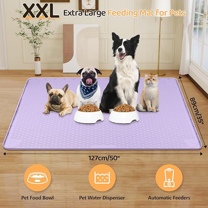 Dog Food Mat, Extra Large 50" x 35" Silicone Pet Feeding Mat with Raised Edge Pet Placemat for Small, Medium, and Large Pets Non-Slip, Easy to Clean (Purple)