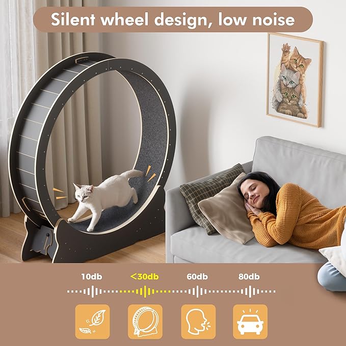 Mondeer Cat Exercise Wheel, 46'' Cat Wheel for Indoor Cats with Carpeted Runway, XL Treadmill with Removable Carpet and Teaser, for Running Walking Training (Black)