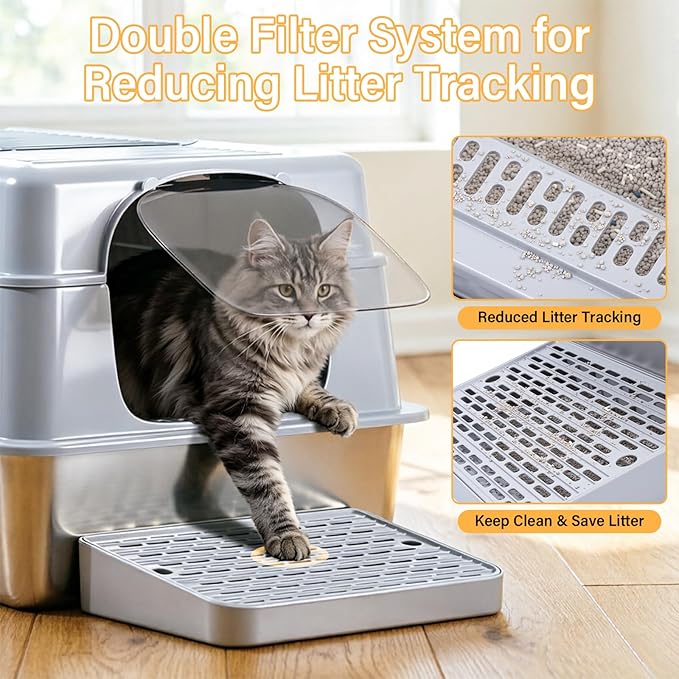 XXXL Stainless Steel Litter Box with Lid,Extra Large Enclosed Metal Cat Litter Box for Big Cats, Multiple Cats,Odor Control,Anti-Leakage, Includes Scoop & Pedal,27.75 x 19.75x 15.7 inches