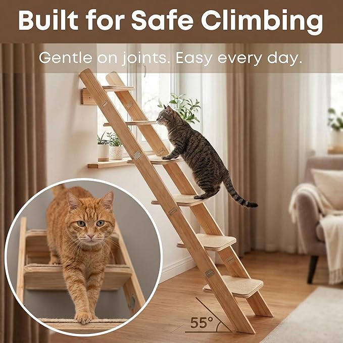 65" Tall 6-Level Cat Ladder for Window & wall | Fits Cats up to 20 lbs |Senior & Less Agile cat Stairs for Window with 55° Gentle Incline | Requires 43" Floor Clearance | No-Drill Glass Installation