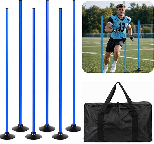 6 Pack Soccer Agility Training Poles, 5 FT Adjustable Speed and Agility Training Equipment for Football/Basketball/Dog Practice, Bending Poles for Horses with Rubber Bases and Carry Bag