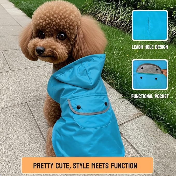Dog Raincoat Dogs Rain Jacket Reflective Poncho Rainwear Waterproof Pet Clothes Breathable Lined Pocket Hooded Leash Hole Adjustable Small Medium Dogs,Blue,L,Back Length 12.8 Inch