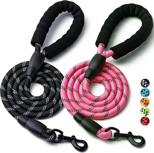 2 Pack Dog Leash, 4/5//6 FT Heavy Duty Nylon Rope Pet Leashes with Comfortable Padded Handle, Reflective Dog Leashes for Small Medium and Large Dogs (4FT-3/8,Black/Pink)