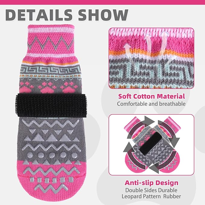 KOOLTAIL Dog Socks to Prevent Licking Paws for Hardwood Floors Anti Slip, Winter Warm Pet Boots&Paw Protector with Grippers, Double Sides Dog Shoes Booties for Small Medium Large Senior Dogs Pink XS