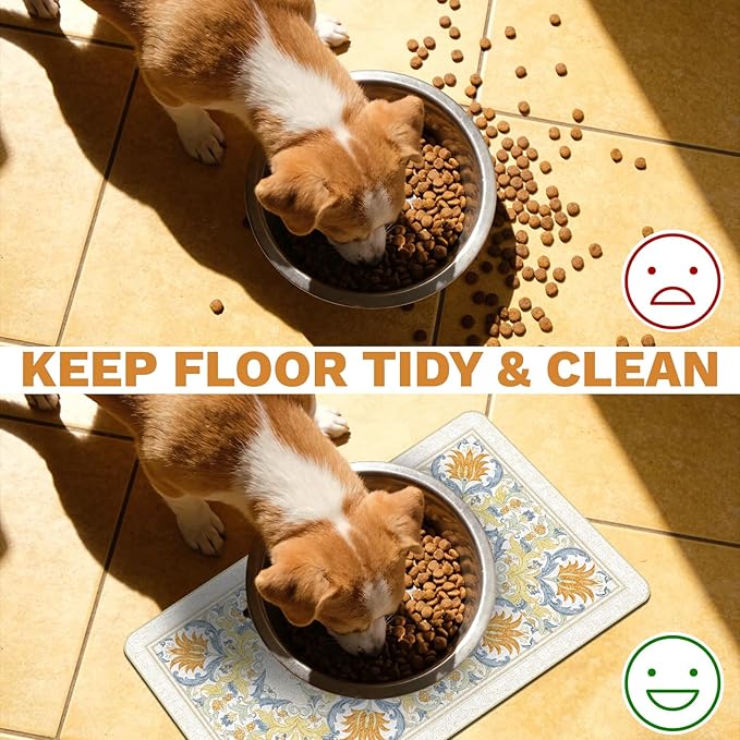 Pet Dog Cat Food Mat, Absorbent Dog Bowl Mats for Food and Water, Non Slip Boho Dogs Cat Placemats Feeding Mat for Floors Indoor Puppy Pet Accessories Supplies 17 * 30 inch, Khaki