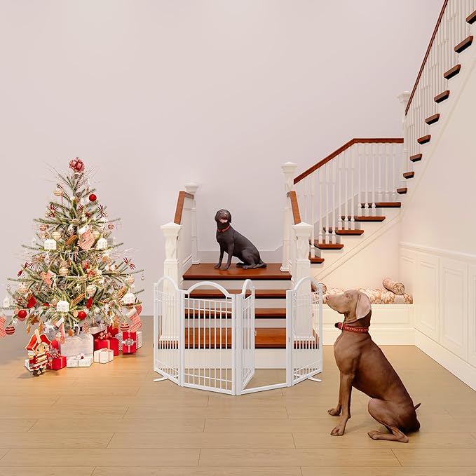 BHG Metal No-Assembly Freestanding Dog Gate with Door Walk Through, Extra Wide 80", Extra Tall 30" Pet Gate, Accordion Puppy Folding Playpen Dog Fence for Indoor & Outdoor, with 2PCS Support - White