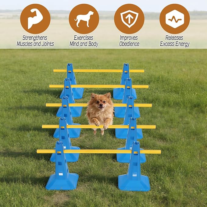 Dog Agility Hurdle Cone Set, Dog Agility Course Backyard Set with Height Adjustable Crossbar for Rehabilitation & Beginners, Dog Agility Equipment for Obstacle Courses,4 Height Levels (10 Pack
