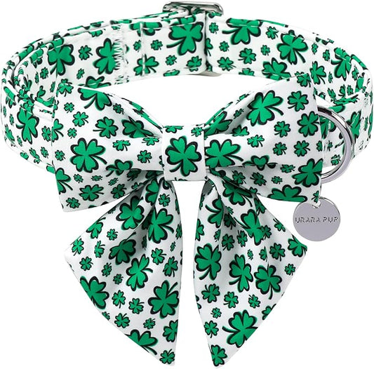 St. Patrick's Day Dog Collar with Bow Tie, Lucky Shamrock Bowtie Collar Adjustable for Girl Boy Dog, Trefoil Dog Collar Durable, Spring Green Collar for Dogs, M