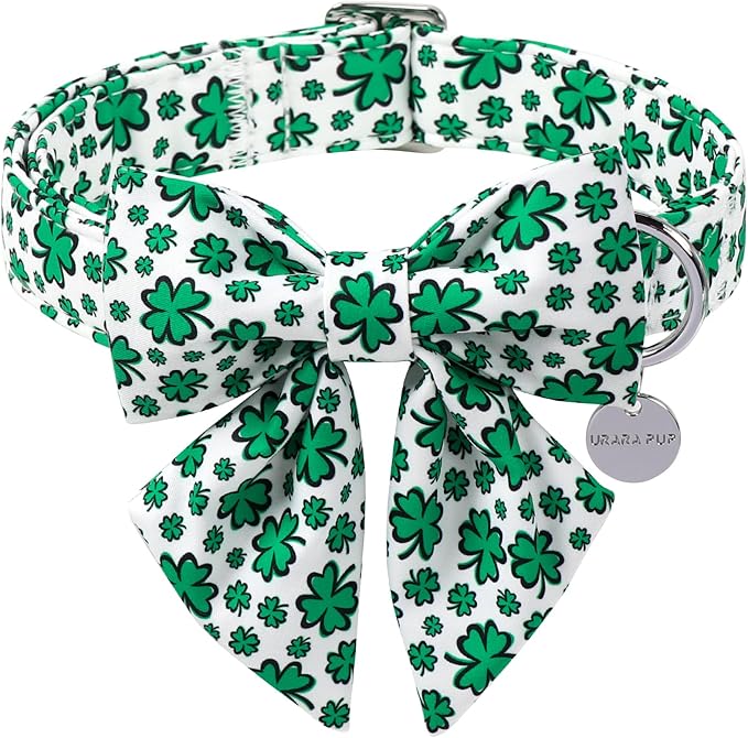 St. Patrick's Day Dog Collar with Bow Tie, Lucky Shamrock Bowtie Collar Adjustable for Girl Boy Dog, Trefoil Dog Collar Durable, Spring Green Collar for Dogs, S