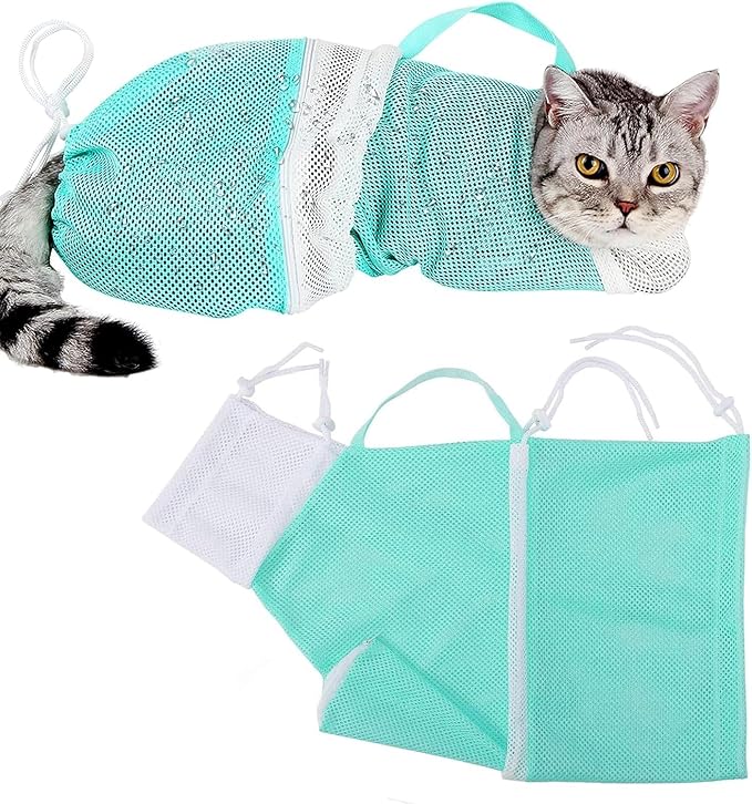 Adjustable Cat Bathing Grooming Bag, Puppy Dog Pet Cleaning Shower Net Bag, Anti-Bite Scratch Cat Restraint Bag for Shower, Cleaning Ear, Medicine Feeding, Nail Trimming (Green + White)