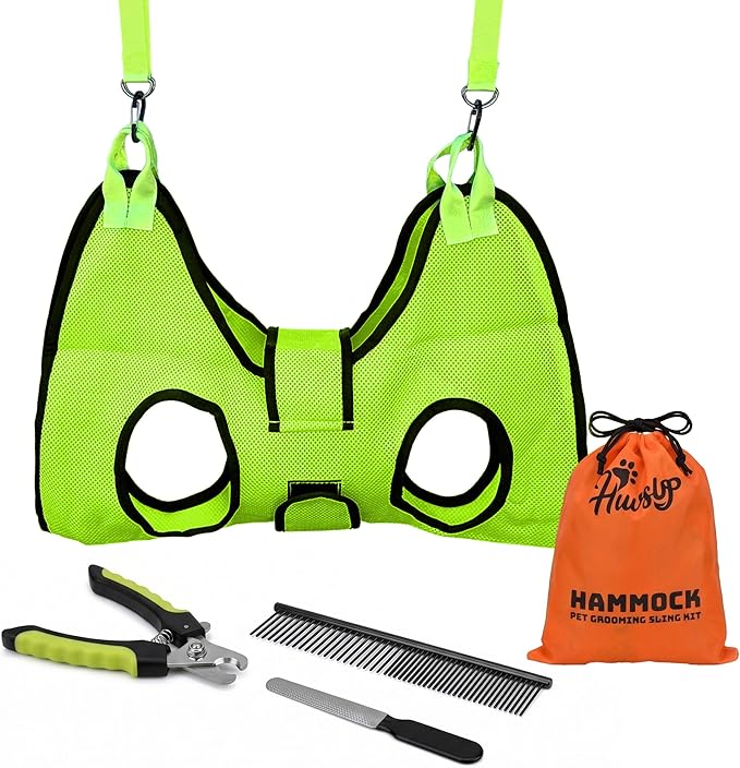 PawsUp Pet Grooming Hammock Kit for Large Dogs, 4-in-1 Professional Grooming Sling for Nail Trimming, Includes Heavy Duty Clipper, Nail File, and Steel Comb – Green