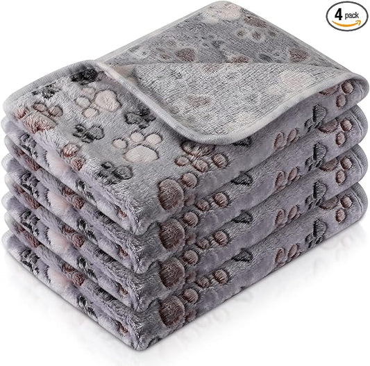 Tatuo 4 Pack Fleece Dog Blankets for Puppy Cats Multi-Size Sleep Mat for Pet Guinea Pig Soft Washable Warm Crate Bed Puppy Teething Toys Print Pattern Blanket Indoor(Gray,30 x 20.5 Inch,Paw)