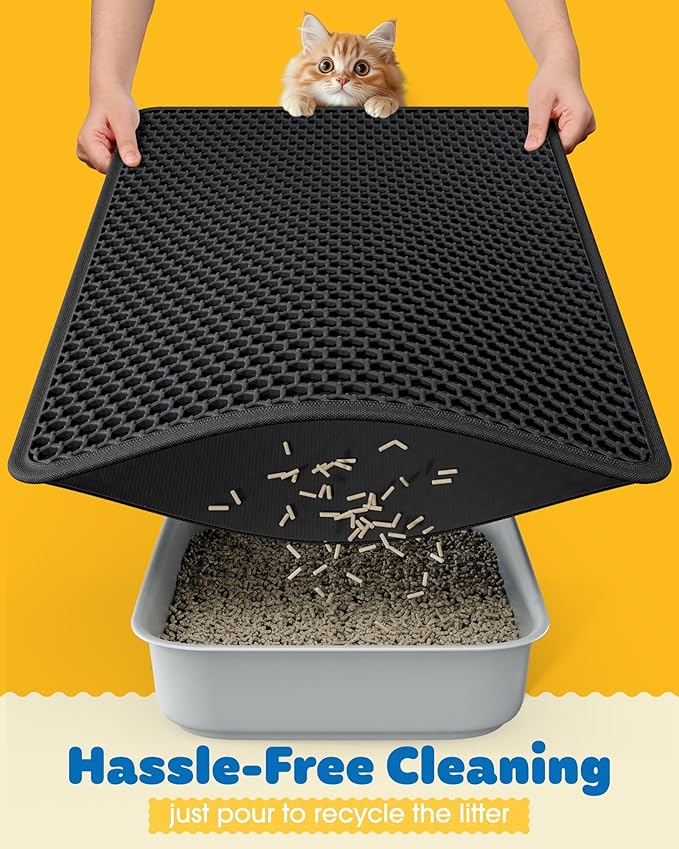 Cat Litter Mat - 30'' x 24'' Large Litter Trapping Mat, Easy to Clean Litter Box Mat, Waterproof, Urine-Proof, Non-Slip, Cat Toilet Training Systems Accessories, Black