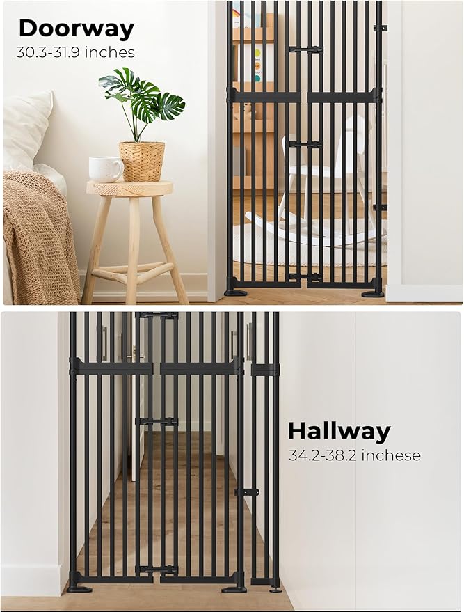Extra Tall Cat Gate, 74.8”–90.5” High x 30.3”–38.2” Wide, No-Drill Pressure Mounted Safety Barrier for Doorways, Stairs, Hallways, Multi-Pet Separation，Black