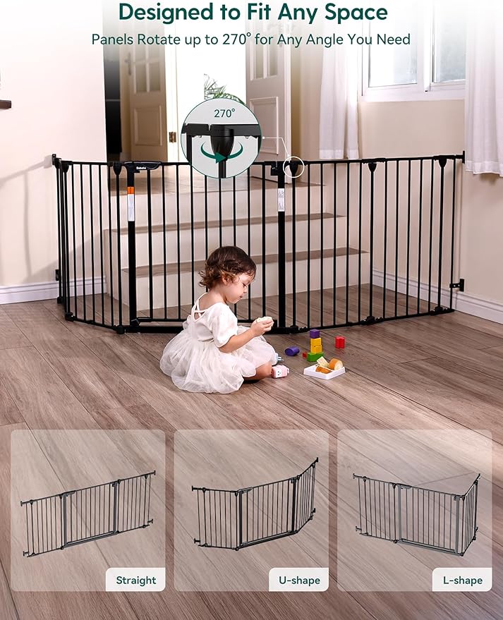 Babelio 72" Extra Wide Baby Gate, 30” Tall Auto Close Dog Fence for Stairs Kitchen Doorways Fireplace, Hardware Mounted Pet Gate Indoor, Foldable 3 Metal Panels, AdaptiZone Series, Black