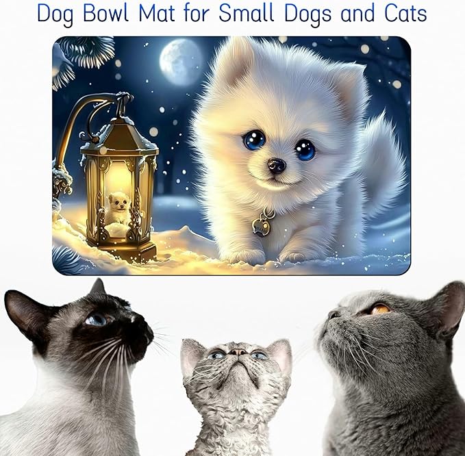 Dog Food Mat, 19.6" x 23.6" Absorbent Pet Feeding Mat for Food and Water, Waterproof Diatom Mud Pet Placemat with Non-Slip Rubber Backing, Easy Clean Cat Bowl Mat for Floors - White Snow Dog